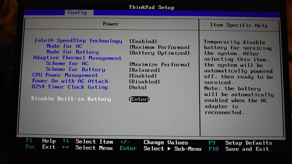 ThinkPad X1 Extreme BIOSで内蔵バッテリOFF画面